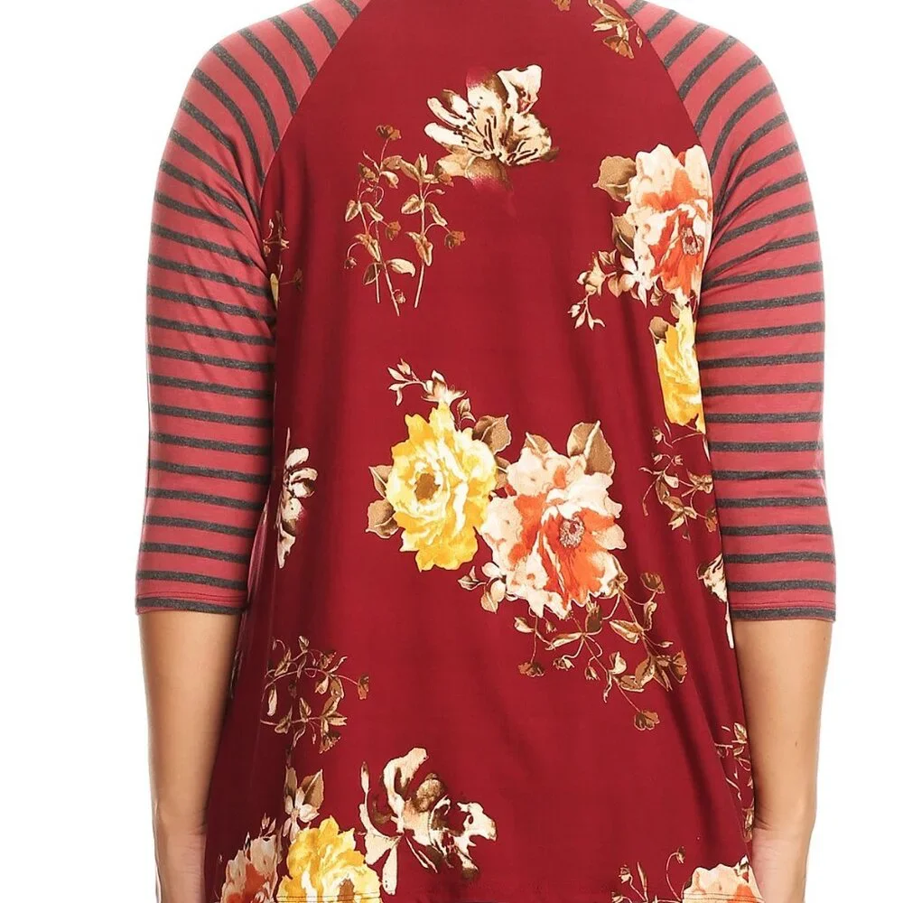 Women Plus Size Striped Sleeve Floral Printed Raglan Jersey Tunic Knit Top Tee